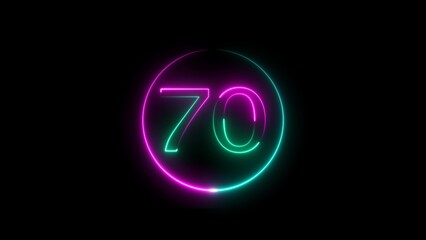 Abstract glowing neon 70 number background 4k illustration.