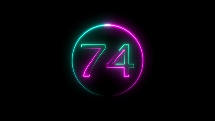 Abstract glowing neon 74 number background 4k illustration.