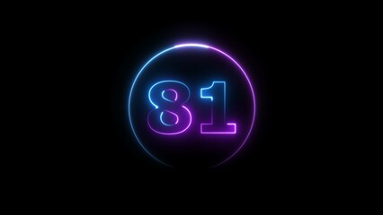 Abstract glowing neon 81 number background 4k illustration.