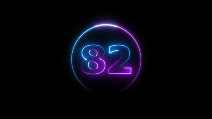 Abstract glowing neon 82 number background 4k illustration.