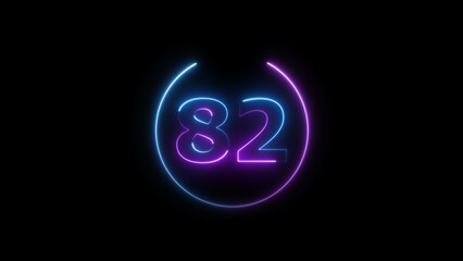 Abstract glowing neon 82 number background 4k illustration.