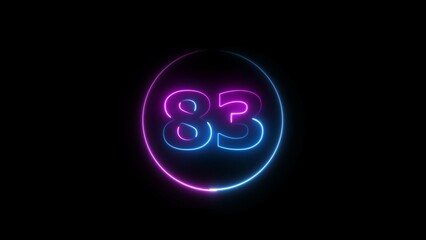 Abstract glowing neon 83 number background 4k illustration.
