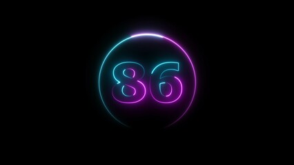 Abstract glowing neon 86 number background 4k illustration.