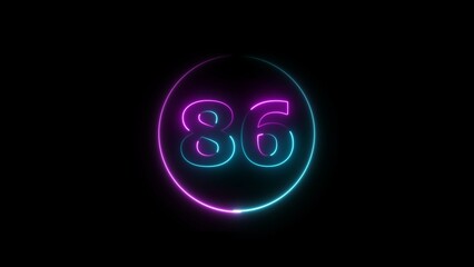 Abstract glowing neon 86 number background 4k illustration.