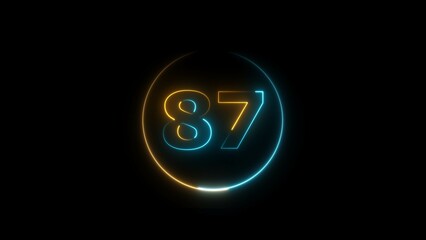 Abstract glowing neon 87 number background 4k illustration.