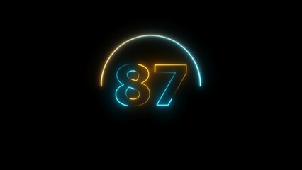 Abstract glowing neon 87 number background 4k illustration.