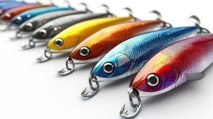 A row of colorful fishing lures with hooks on a white background.