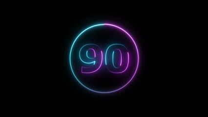 Abstract glowing neon 90 number background 4k illustration.