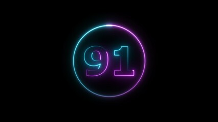 Abstract glowing neon 91 number background 4k illustration.