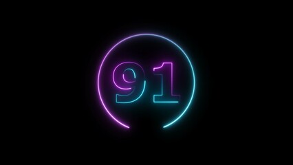 Abstract glowing neon 91 number background 4k illustration.