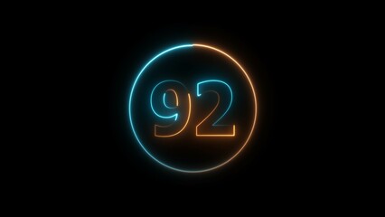Abstract glowing neon 92 number background 4k illustration.