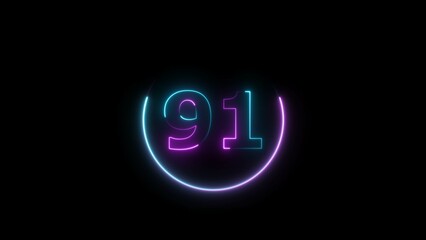 Abstract glowing neon 91 number background 4k illustration.
