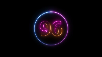 Abstract glowing neon 96 number background 4k illustration.
