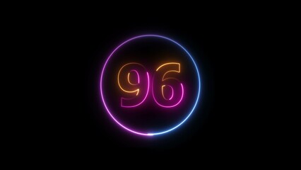 Abstract glowing neon 96 number background 4k illustration.