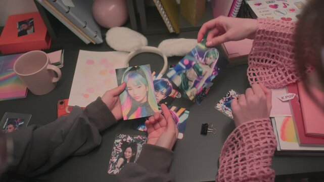 View from above of two teenage girls chatting, taking photos of k-pop idols from table and looking at them