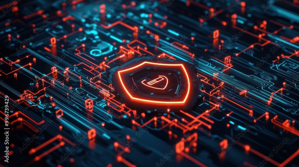 Poster a digital shield icon surrounded by a network of glowing circuits, symbolizing cybersecurity.