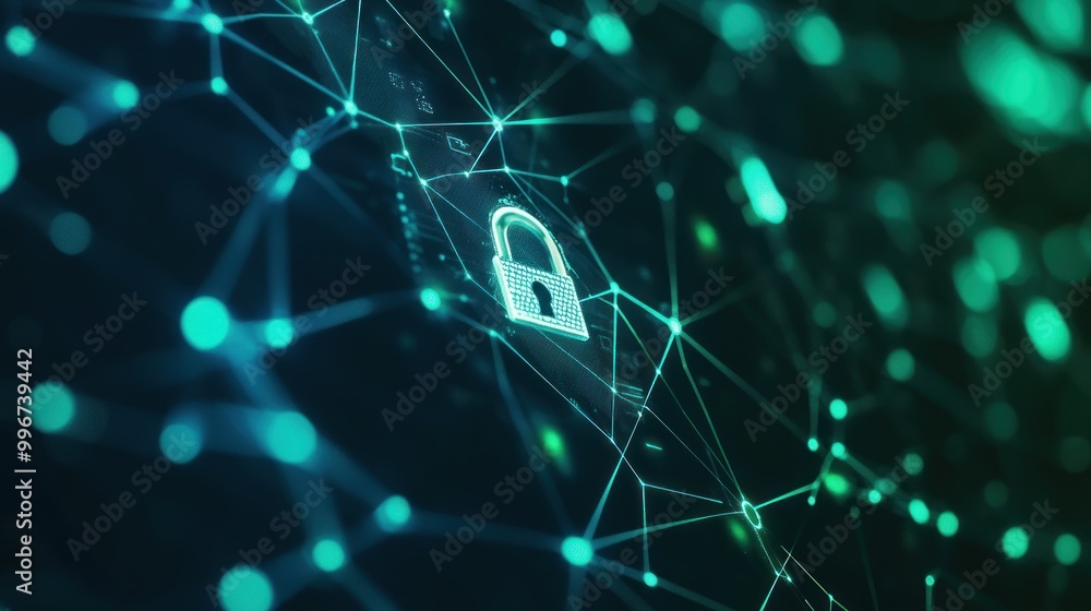Poster a digital lock symbolizing cybersecurity within a network of interconnected nodes.