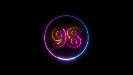 Abstract glowing neon 98 number background 4k illustration.