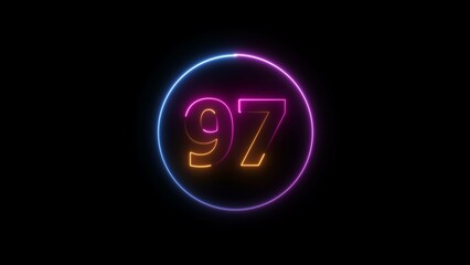Abstract glowing neon 97 number background 4k illustration.