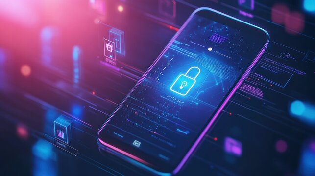 A smartphone displaying a digital lock symbol, emphasizing cybersecurity and data protection. - Powered by Adobe