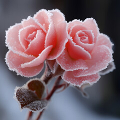 Two pink roses are covered in snow, creating a serene and peaceful atmosphere. Frozen ice flowers.