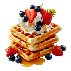 Delicious belgian waffles with strawberries and caramel syrup on transparent background, top view