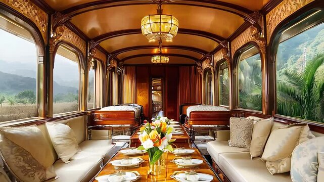 Elegant vintage luxury train interior with ornate decor, fine dining setup, and scenic views, evoking timeless travel charm