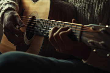 Fototapeta premium Selective focus guitarist hand with chord grip on acoustic guitar, Close up shot musician with string instrument.