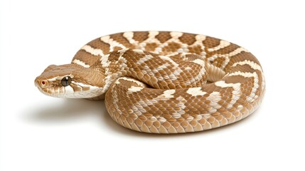 Obraz premium A coiled rattlesnake rests on sandy terrain, exhibiting its readiness to strike. The snake's intricate patterns are visible, capturing attention against the stark background