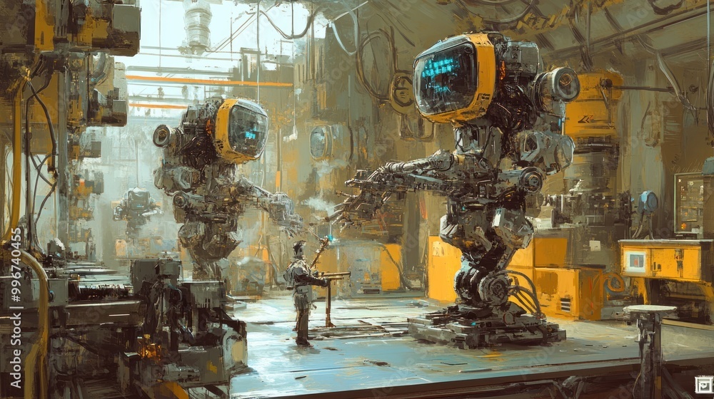Poster a futuristic workshop with large robots and a human interacting.