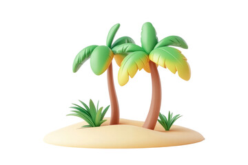 A 3D rendering of two cartoon palm trees on a small sand island