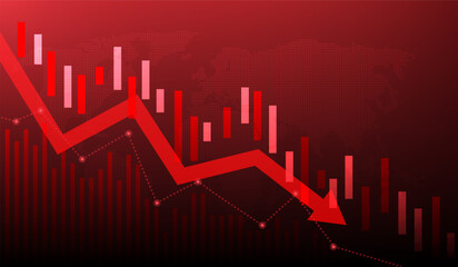 graph and arrow red stock marketing fall background. economy finance crisis low investment.