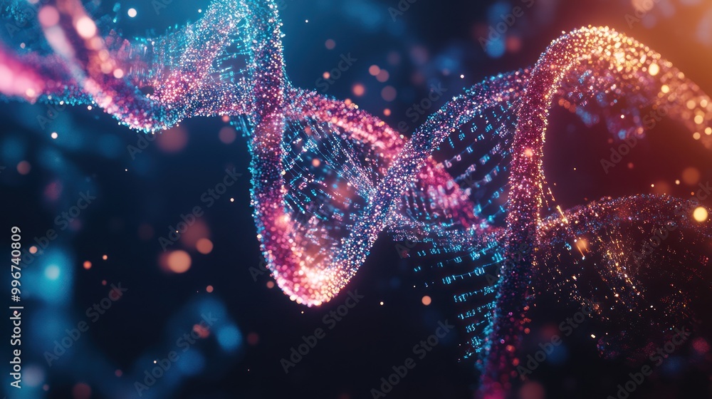 Poster abstract representation of a dna double helix with glowing particles and vibrant colors.