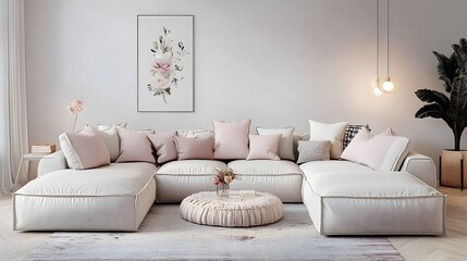 Cozy and inviting modern living room with a large comfortable sectional sofa and minimalist stylish decor featuring soft and feminine pastel tones floral accents plush textiles