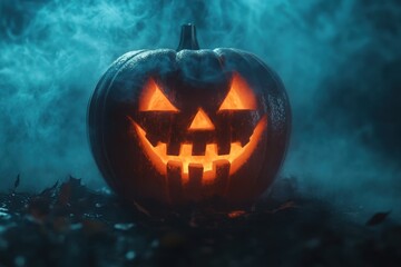 Fototapeta premium Sinister Jack-o'-Lantern Illuminated in Fog