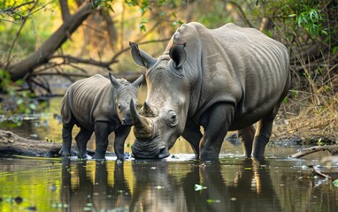 Fototapeta premium Two rhinos are drinking from a pond with their mother