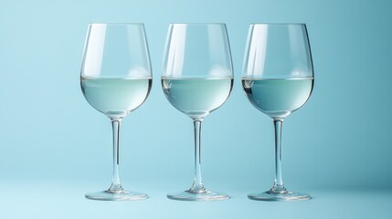 Three empty wine glasses on a blue background.