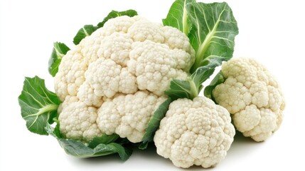 Fresh cauliflowers with green leaves are neatly clustered, highlighting their natural texture on a crisp white background