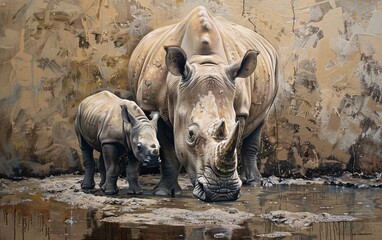 Obraz premium Two rhinos are drinking from a pond with their mother