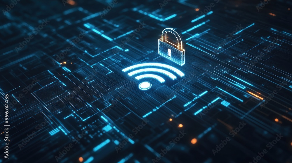 Aufkleber a digital representation of a secure wi-fi connection with a padlock symbol.