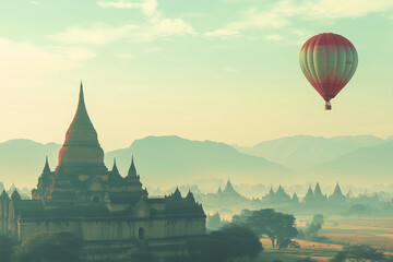 Selective focus balloon on the sky with ancient temple  view, Balloon tour in asia country, Aerial view landscape view of ancient countryside village with temple.