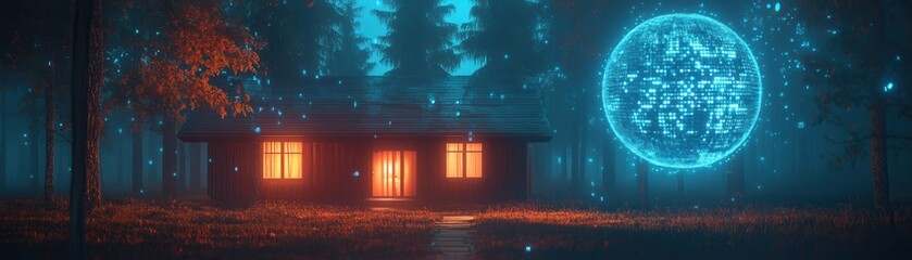 Obraz premium A tranquil forest scene featuring a glowing cabin surrounded by mist and a mysterious blue sphere, evoking a sense of wonder.