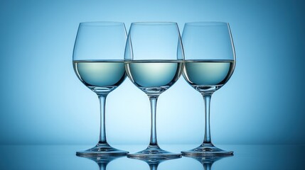 Three wine glasses filled with white wine on a blue background.