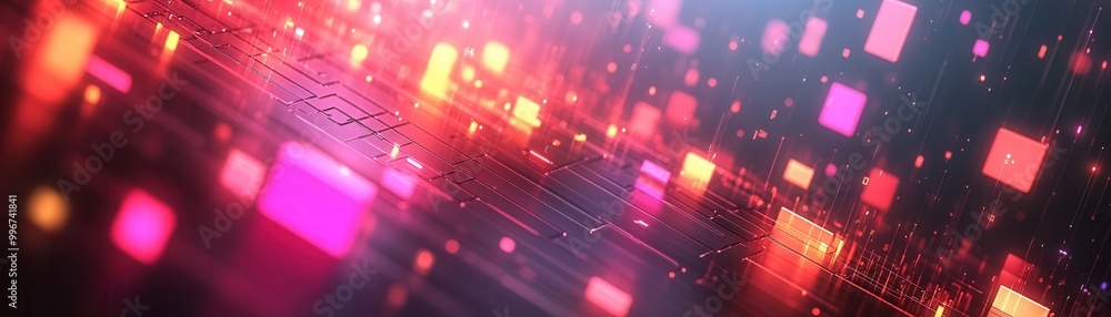 Poster a vibrant abstract digital background featuring colorful squares and light patterns, perfect for tec