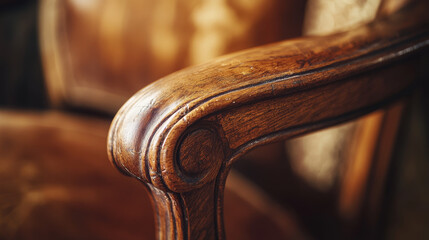 Detailed shot of a smooth, polished wooden chair armrest with soft light highlighting the natural grain and craftsmanship.
