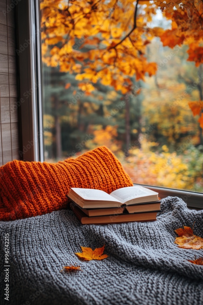 Poster open book resting on knitted blanket by window with autumn colors in background