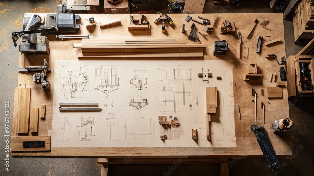 Poster a woodworking workspace with tools and design sketches for a project.