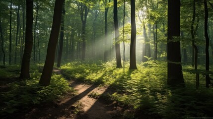 Obraz premium Sunbeams Illuminating a Forest Path