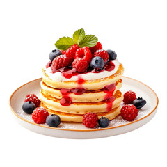A tall stack of pancakes with raspberries, blueberries, a drizzle of syrup on a transparent background