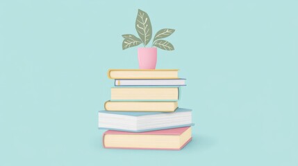 Stack of colorful books with a small potted plant on top, set against a light blue background. Minimalistic and fresh decoration idea.